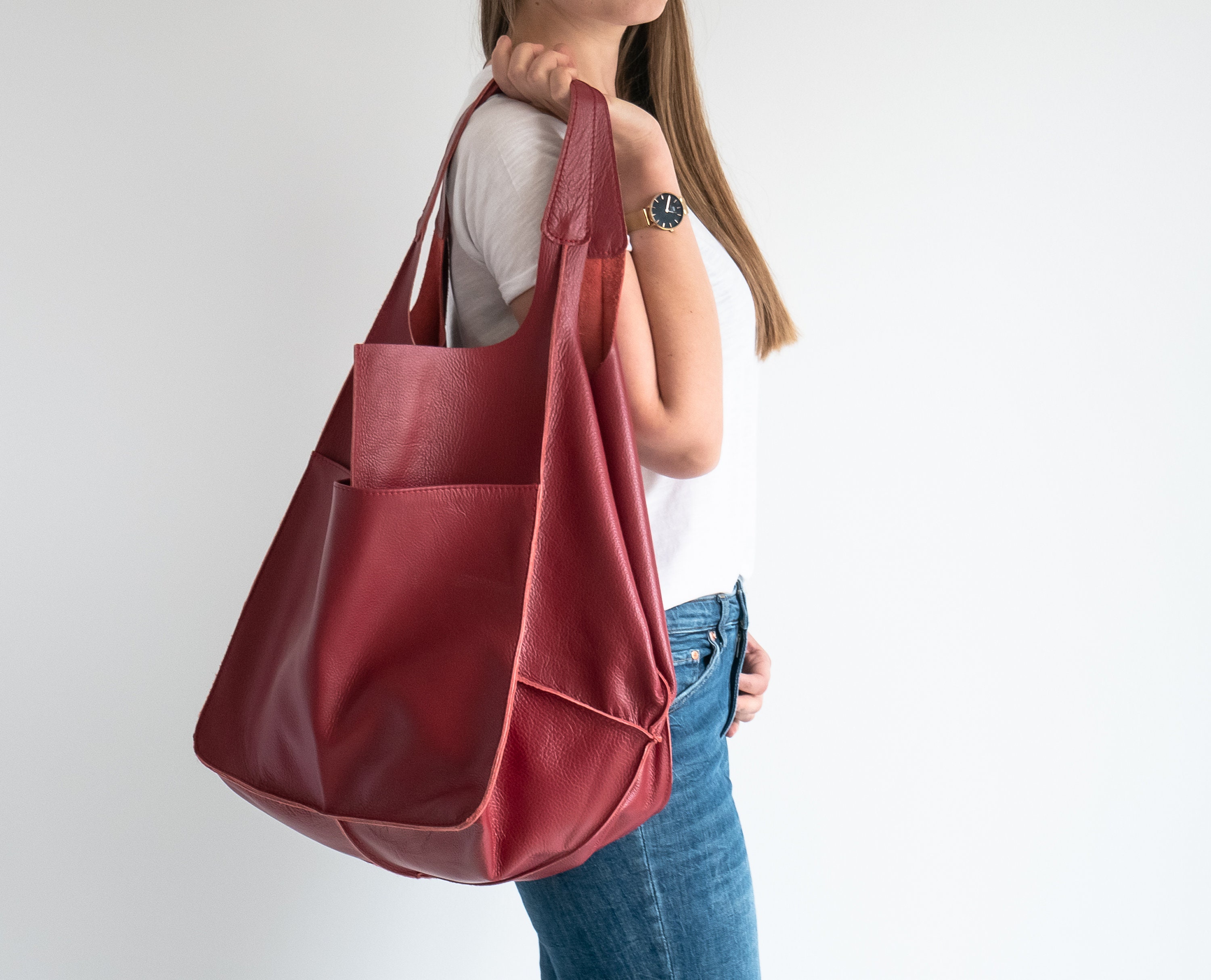 Red Shoulder Hobo Bag, Oversize Leather Large Tote, Everyday Slouchy Tote Handbag, Big Shoulder Women Purse At