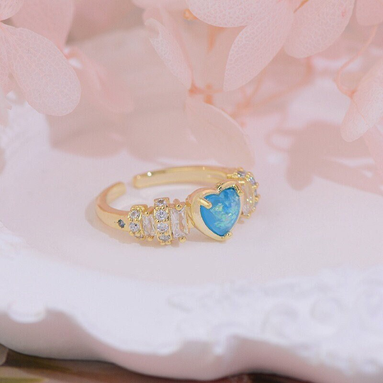 Blue Opal Heart Adjustable Birthstone Gold Plated Ring, Fire Rings, Rings For Gift, Ring, Stacking Ring, Gift For Her, Ring