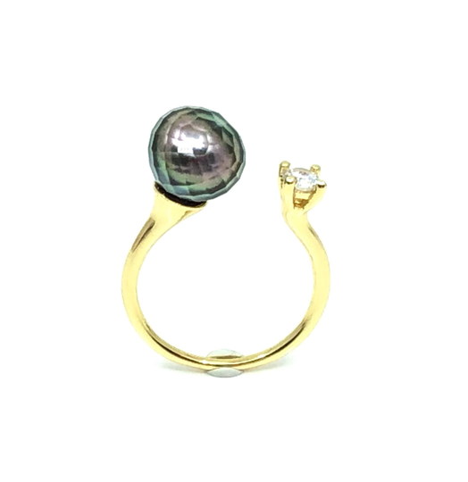 sterling 10mm Carved Black Tahitian Pearl Ring Simple Peacock Color Minimalist