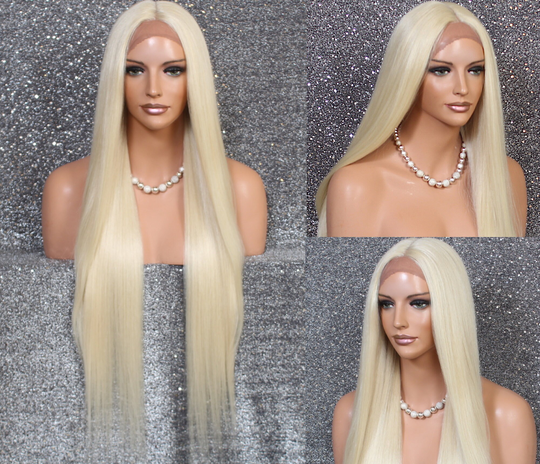 45" Human Hair Blend Lace Front Wig Hand Tied Center Part Straight Heat Safe Solid Pale Blonde Cancer/Alopecia/Cosplay