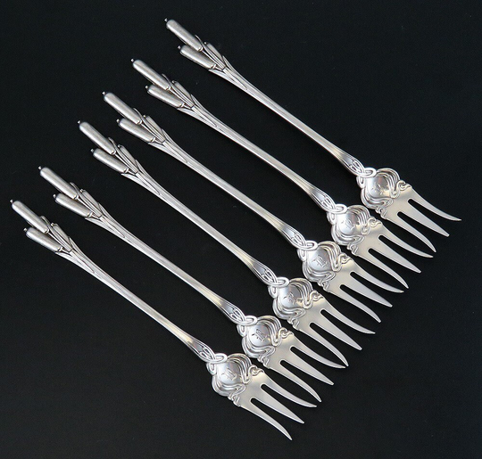 6 Antique Sterling Silver Durgin Cat Tails 1898 Cocktail Seafood Forks 5 1/2"
