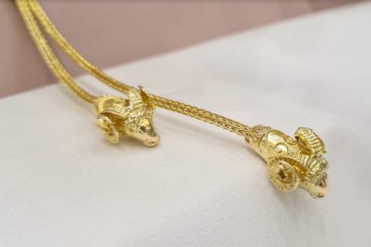 Two Ram Head Necklace 14K Yellow Gold Aries Zodiac Gift Coctail Jewelry Handmade Greek Necklace Gift For Her Animal