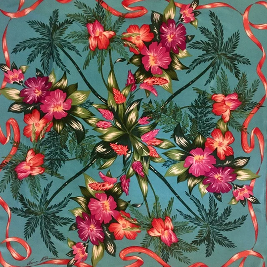 Anne Klein Silk Scarf Vintage Tropical Print On Turquoise