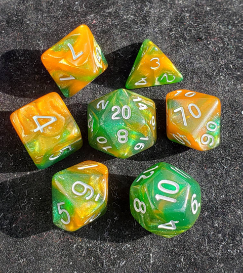 Green & Orange, Arboreal Planar Dragon 7 Pc Dice Set | D&d Rpg Tabletop Role Playing Gamers Dice Collection