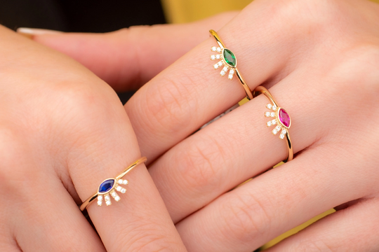14K Gold Eye Ring, Evil Eyelash Solid Gold, Minimal, Colorful Stone, Everyday Ring, Gift For Her, Anniversary, Gift Mom