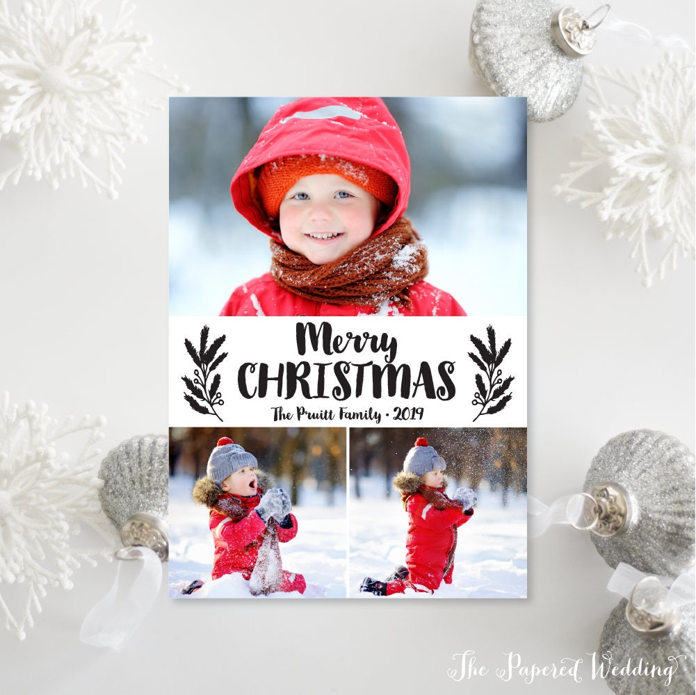Printable Or Printed Photo Christmas Cards With Three Pictures - Black Laurel Branch Holiday Photos 046 P3