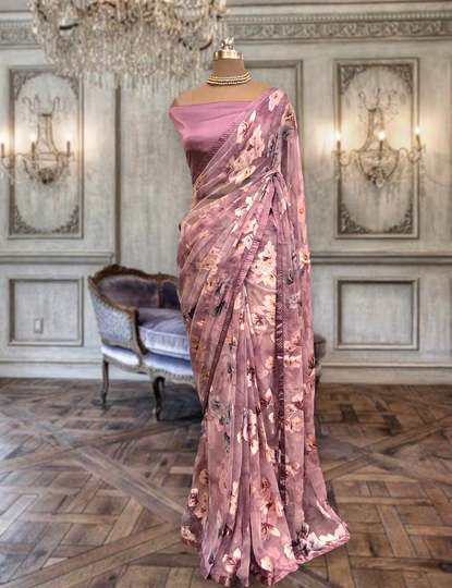 Beautiful Lavender Georgette Brasso Saree With Satin Blouse Piece