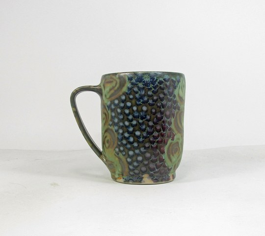 Massive Coffee Cup in Green With Blue To Purple Polka Dots & Light Concentric Circles