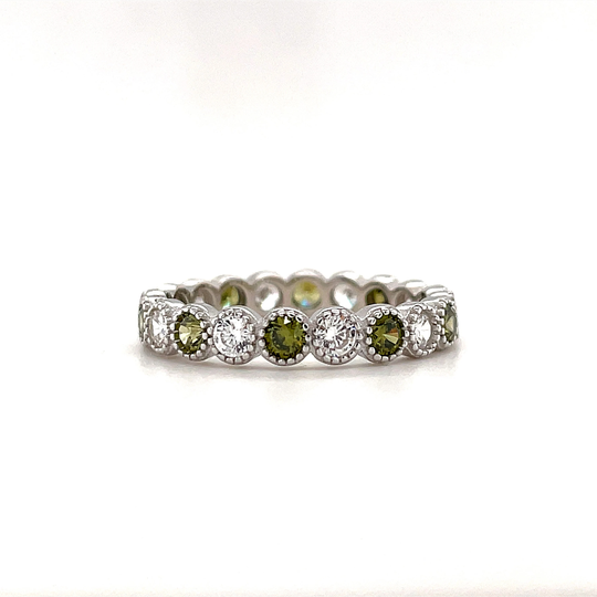 Bezel Peridot & Diamond Eternity Band, Simulated Sterling Silver Wedding Stacking Band