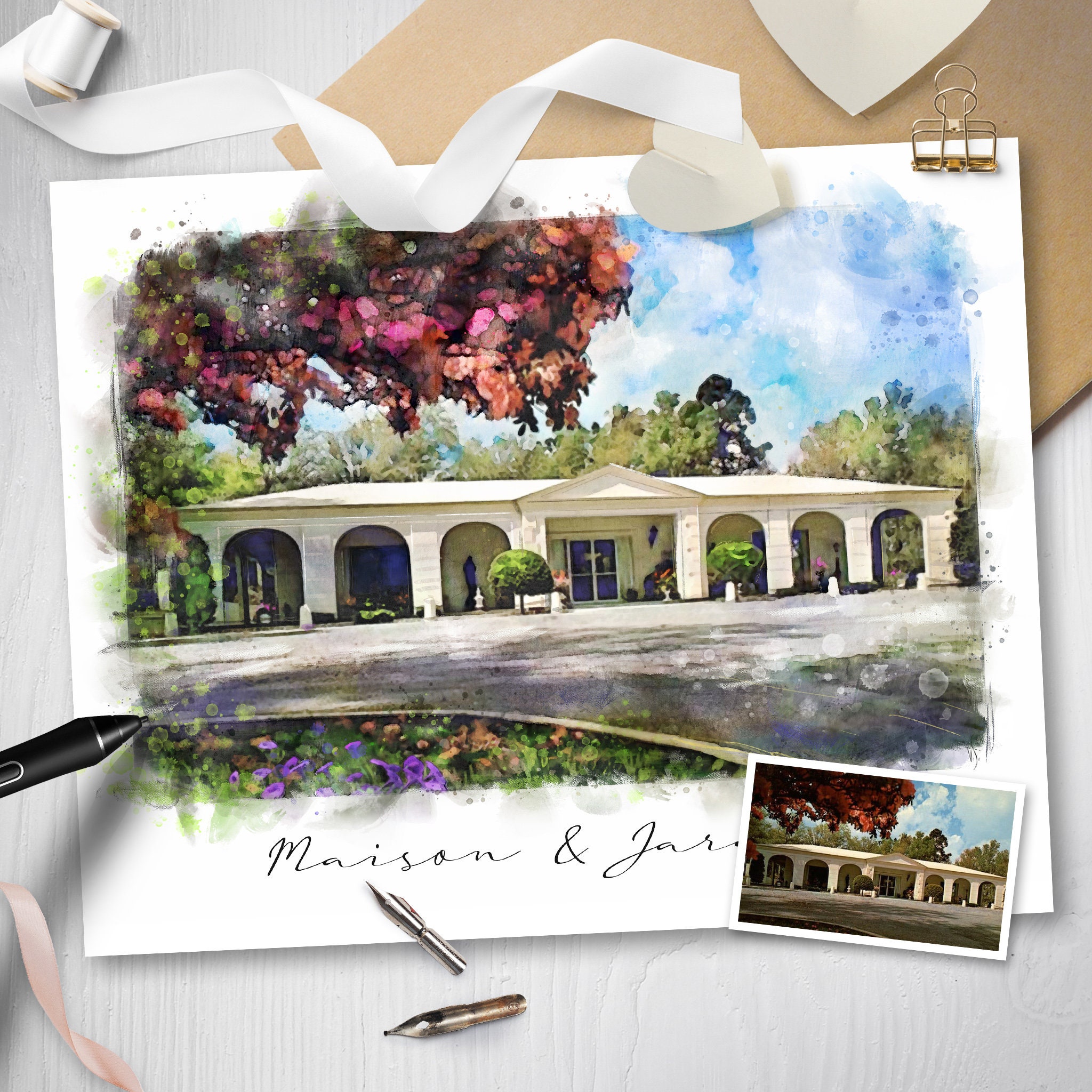 Wedding Venue Portrait, Painting, Gift For Newlyweds, Personalized Custom Gift, Anniversary Watercolor