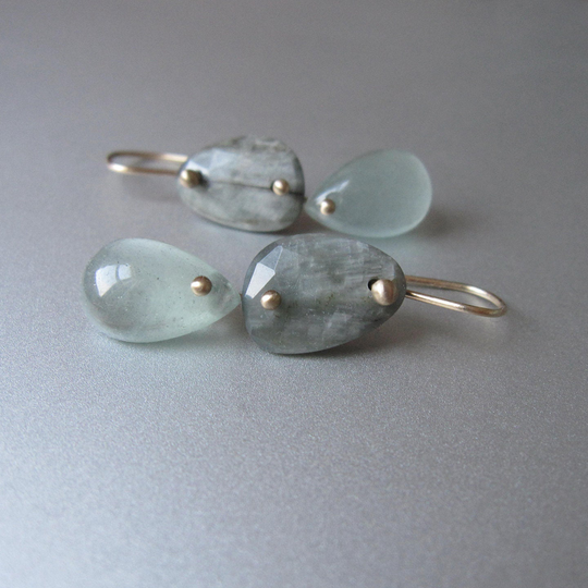 Green Cat's Eye Quartz & Aquamarine Double Drops, Solid 14K Gold Earrings