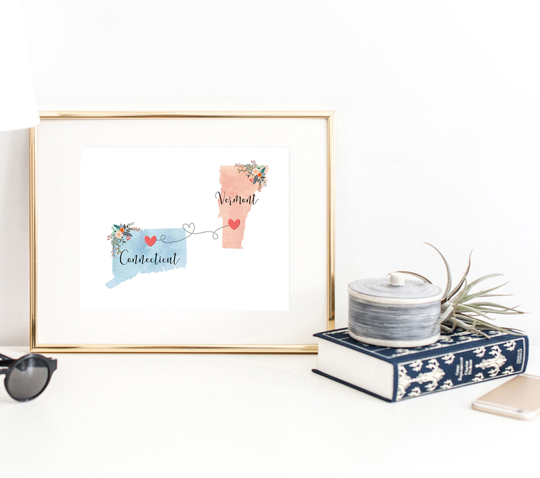Connecticut Vermont Wall Art/Print Decor Two State