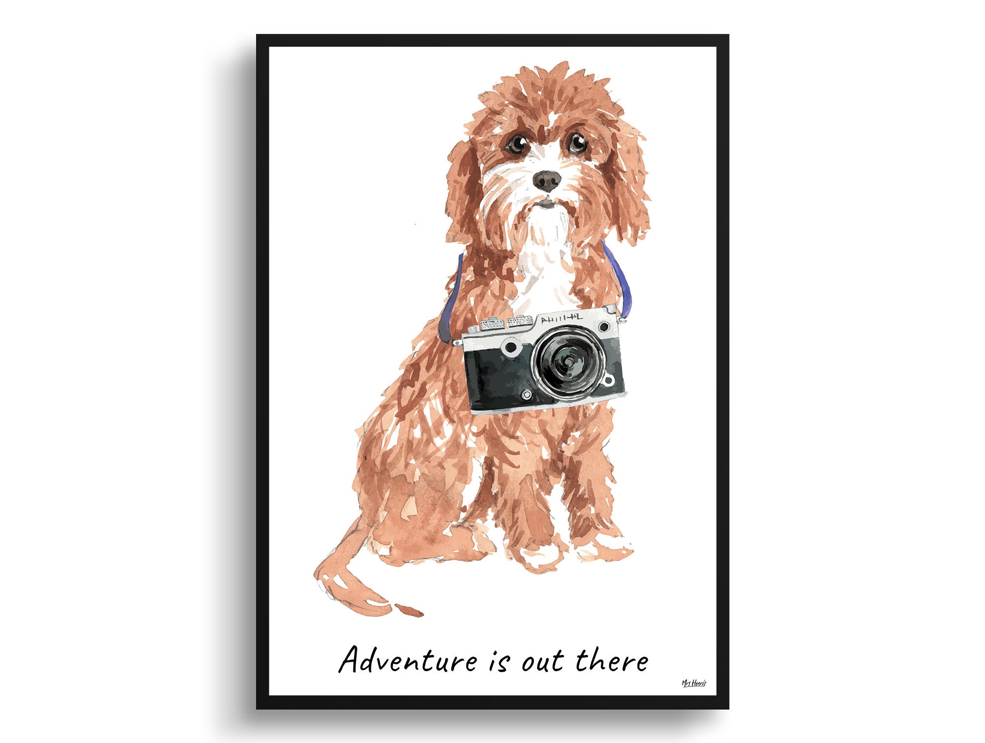 Adventure Is Out There Cavapoo Dog Print Illustration. Framed & Un-Framed Wall Art Options. Personalised Name