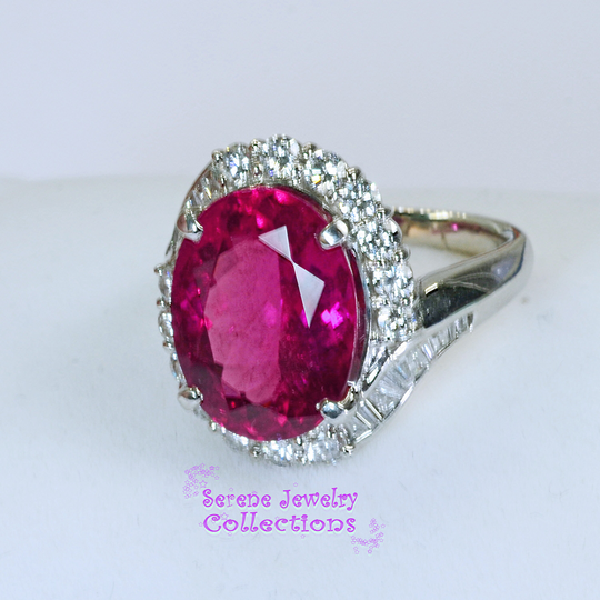 6.87Ct Neon Pink Rubellite Tourmaline Diamond Platinum Ring Vintage Size 5.75