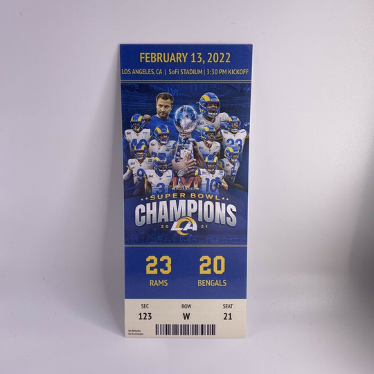 La Rams 2022 Superbowl Lvi 56 Champions Commemorative Ticket Stub Final Score 23-20