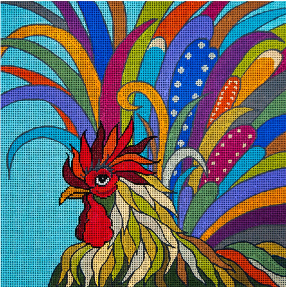 Needlepoint Handpainted Jp Rooster 9x9 -Free Us Shipping