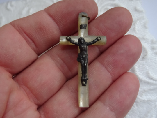 Religious Antique French Catholic Mother Of Pearl Crucifix Pendant Cross Croix With Silvered Corpus Holy Christ. | 2 C