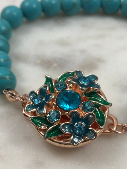Turquoise Rhinestone Flowers in Silver 18mm Snap Button