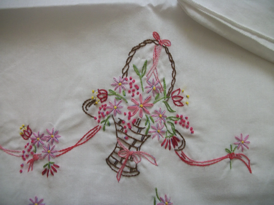 Pair Snow White Embroidered Pillowcases, Vintage Handwork, Flower Baskets, Cotton Blend Fabric, Standard Size