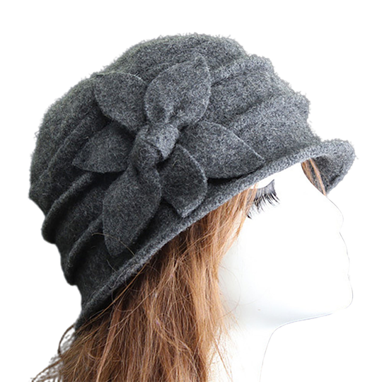 Flower Decor Felt Hat Solid Color Wool Blend Thick Warm Women Winter Hat Fashion Accessories - dark gray, one size - one size grey