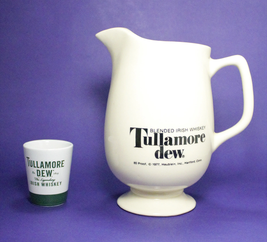 Vintage 1970's Tullamore Dew Blended Irish Whiskey Bar Water Ceramic Pitcher Creamer 7" Old Pub Barware 2-Sided Logo Print
