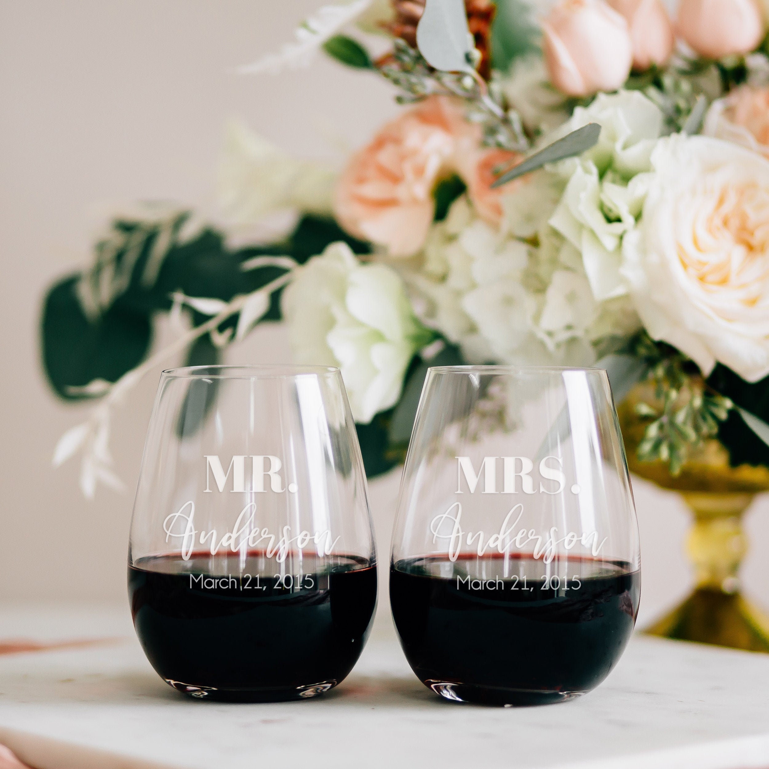 Personalized Lenox Stemless Wine Glass | Set Of Two Pair Engraved Tuscany Crystal Glasses, Custom Wedding Gift, Modern Glasses