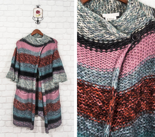 Chloe Wool/Mohair Blend Multicoloured Cardigan Longline Oversized Size S