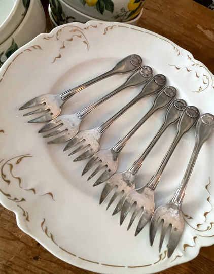 Vintage French Oyster Forks, Silver Plated, Shell Pattern, 10