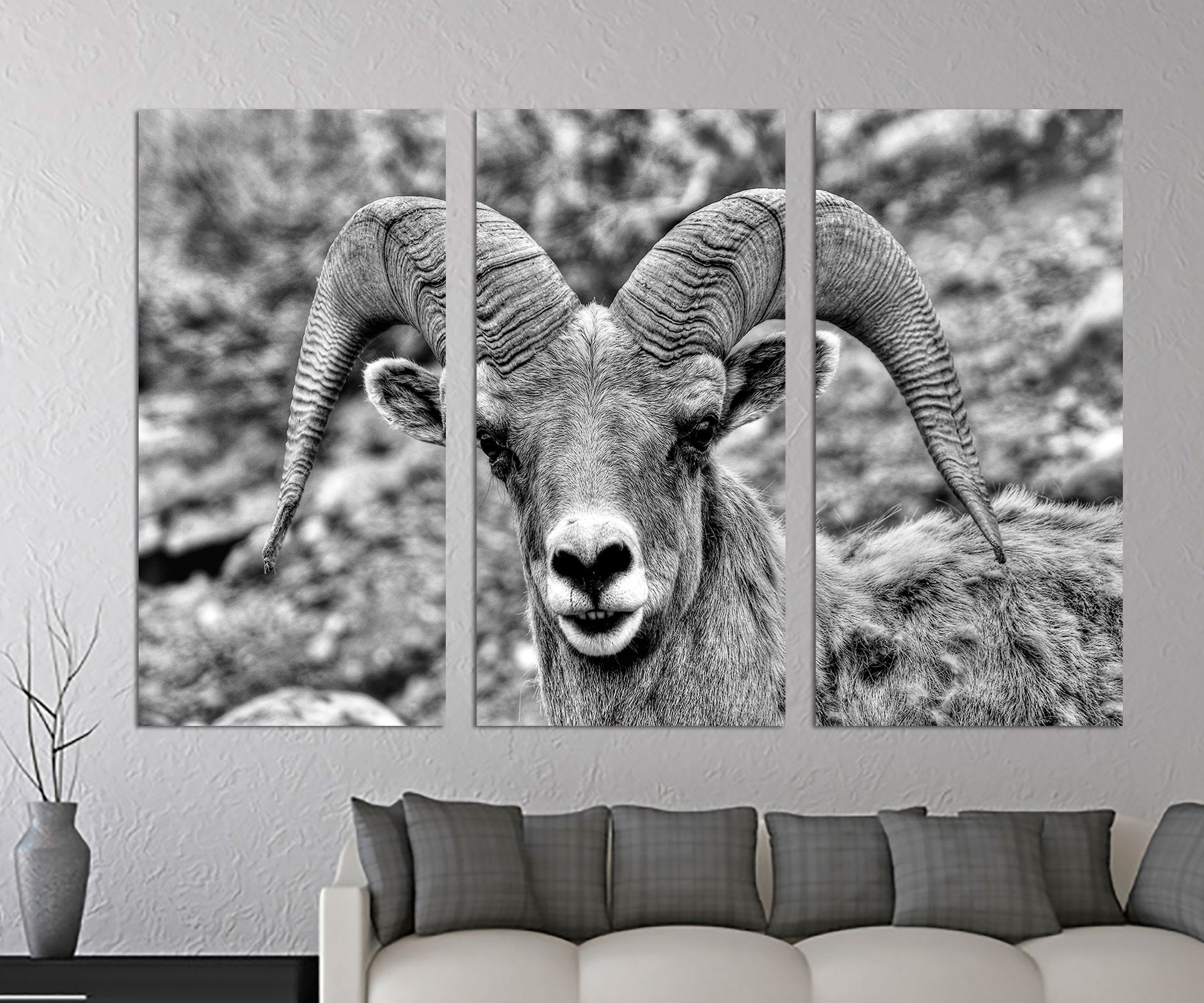 Big Horn Sheep, Ram Canvas Print Wall Art Black & White - Wyoming Wildlife Animal Giclee Home Art Decor, Wall Interior Design