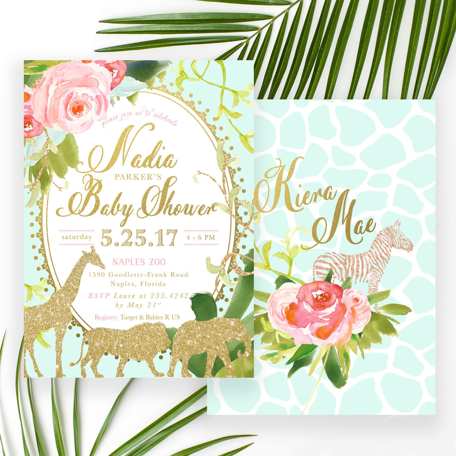 Jungle Baby Shower Invitation Girl, Safari Girl Invite, Glam, Giraffe, Lion, Elephant & Zebras, Tropical, Mint, Gold - Nadia