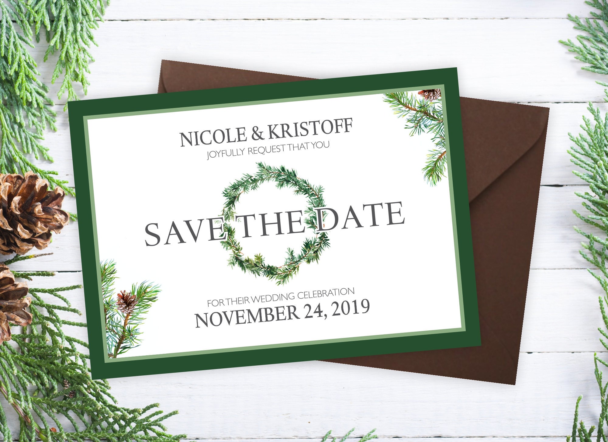 Rustic Wedding Save The Date, Spruce Tree Dates, Printed Announcement Cards #satd-205