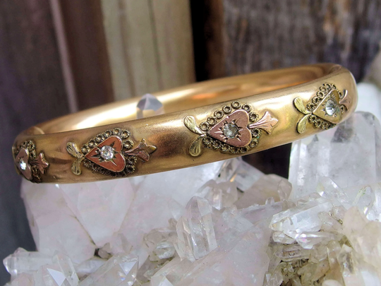 Gold Fill Hinged Bangle Bracelet, Applied Rose Hearts With Crystals, 7 1/2" L
