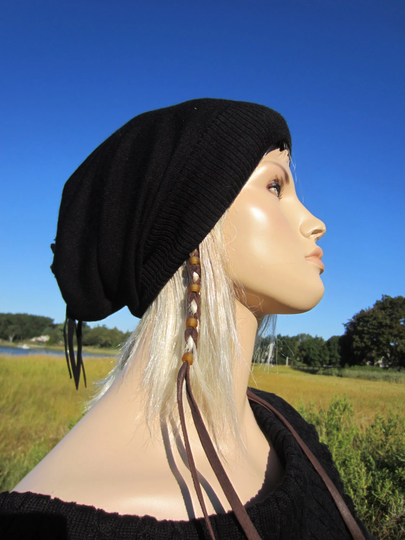 Bohemian Clothes Black Slouchy Beanie Hat Merino Wool Blend Ladies Tams A1524