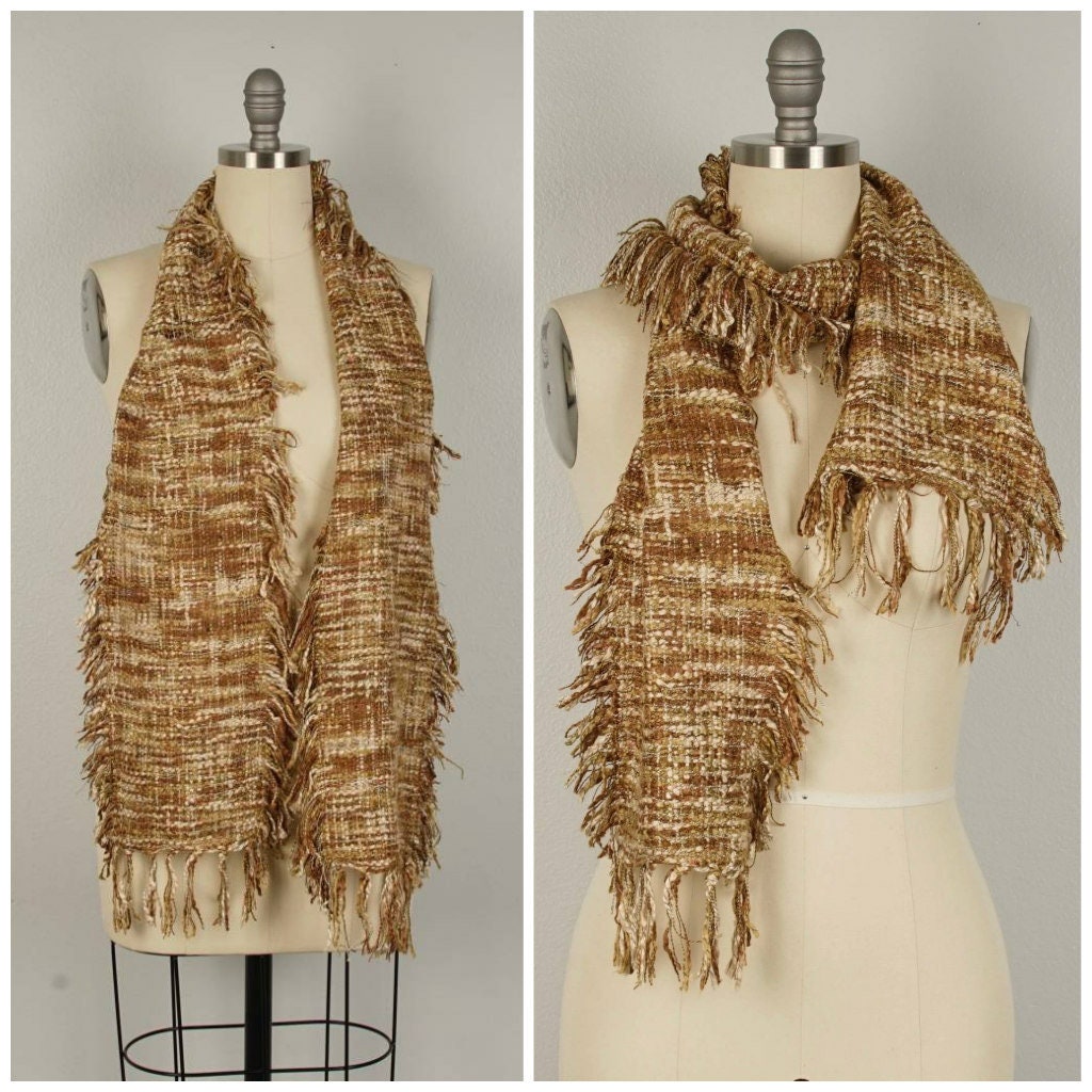 Brown Tan Silk Blend Woven Scarf 90S Fringed Muffler
