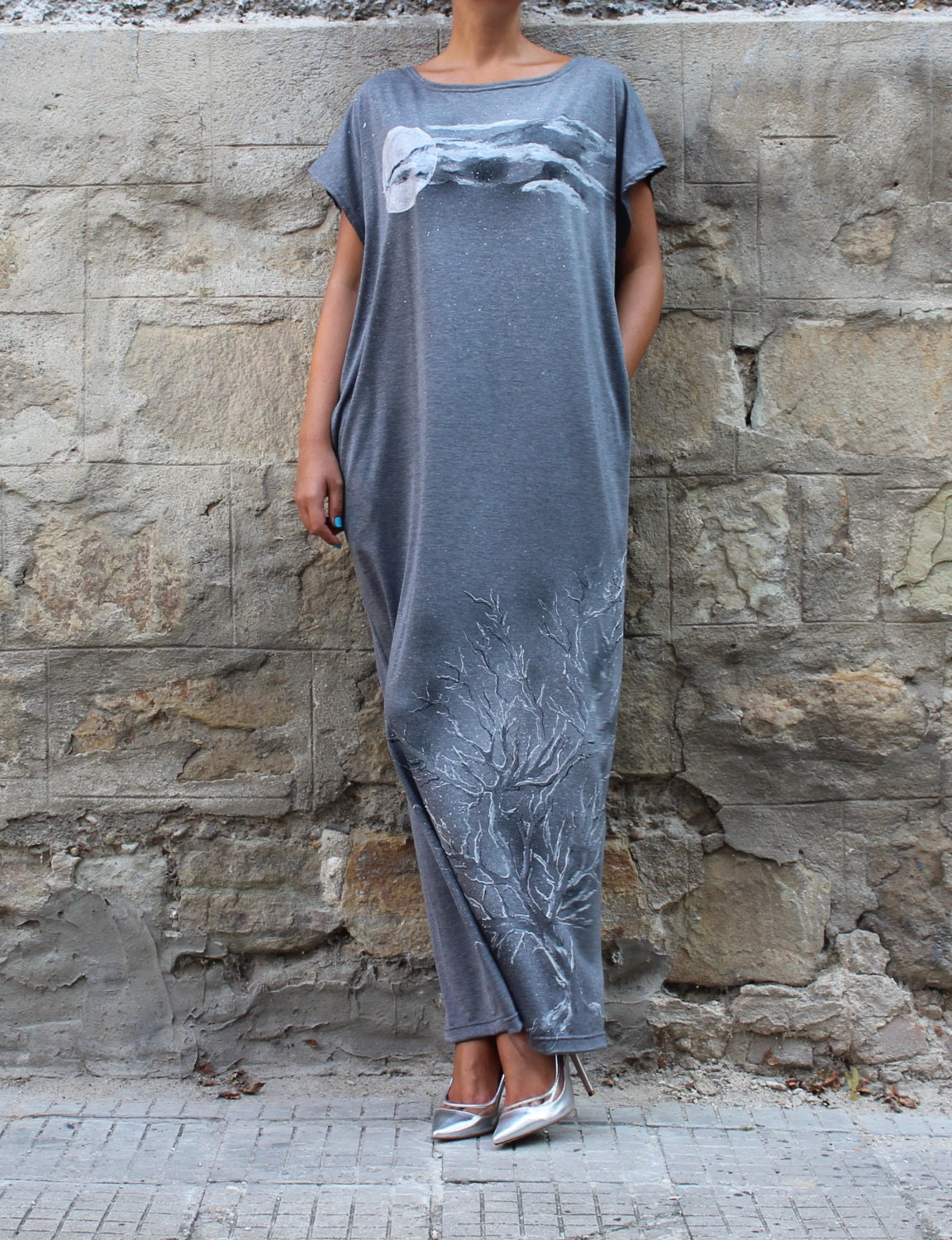 Grey Maxi Dress, Caftan, Hand Painted Dress, Plus Size Long Kaftan , Woman Dress With Pockets