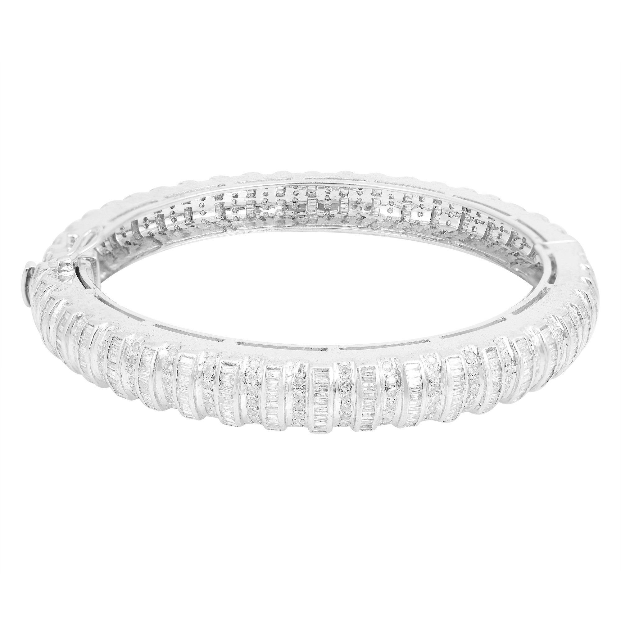 Natural 11 Ct. Hi Color Si Clarity Baguette Diamond Bangle Bracelet 18K White Gold Handmade Fine 925 Sterling Silver Jewelry