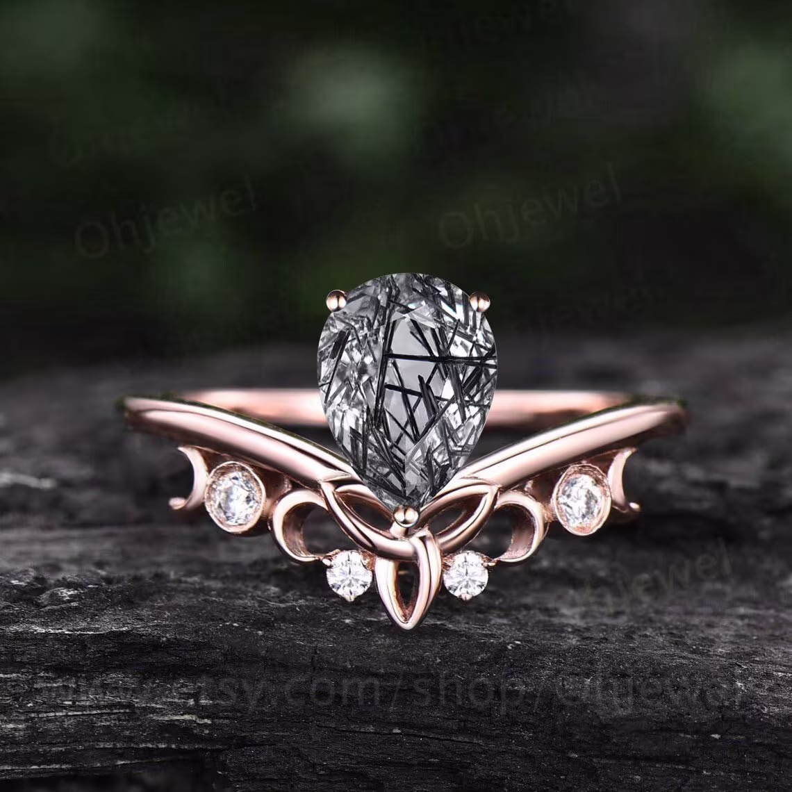 Pear Shaped Black Rutilated Quartz Ring Unique Engagement Fiver Stone Norse Viking Jewelry Rose Gold Silver Diamond Women