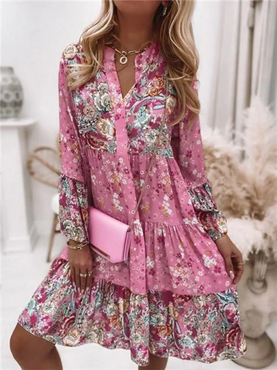 Elegant Retro Floral Print Flare Sleeve Mini Dress, Spring Ruffle Loose Women Party Casual V Neck Beach Pullover Dress 2022