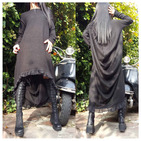 New Collection Asymmetric Dress/Extravagant Cotton Dress/Casual Short Long Tunic/Loose Black Dress/Long Sleeve Tunic/Maxi Tunic Dress