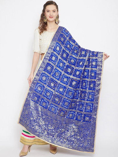 Women's Silk Blend Blue & Gold-Toned Woven Design Dupatta, Bandhani Technique, Gotta Patti, Has A Taping Border Free Shipping