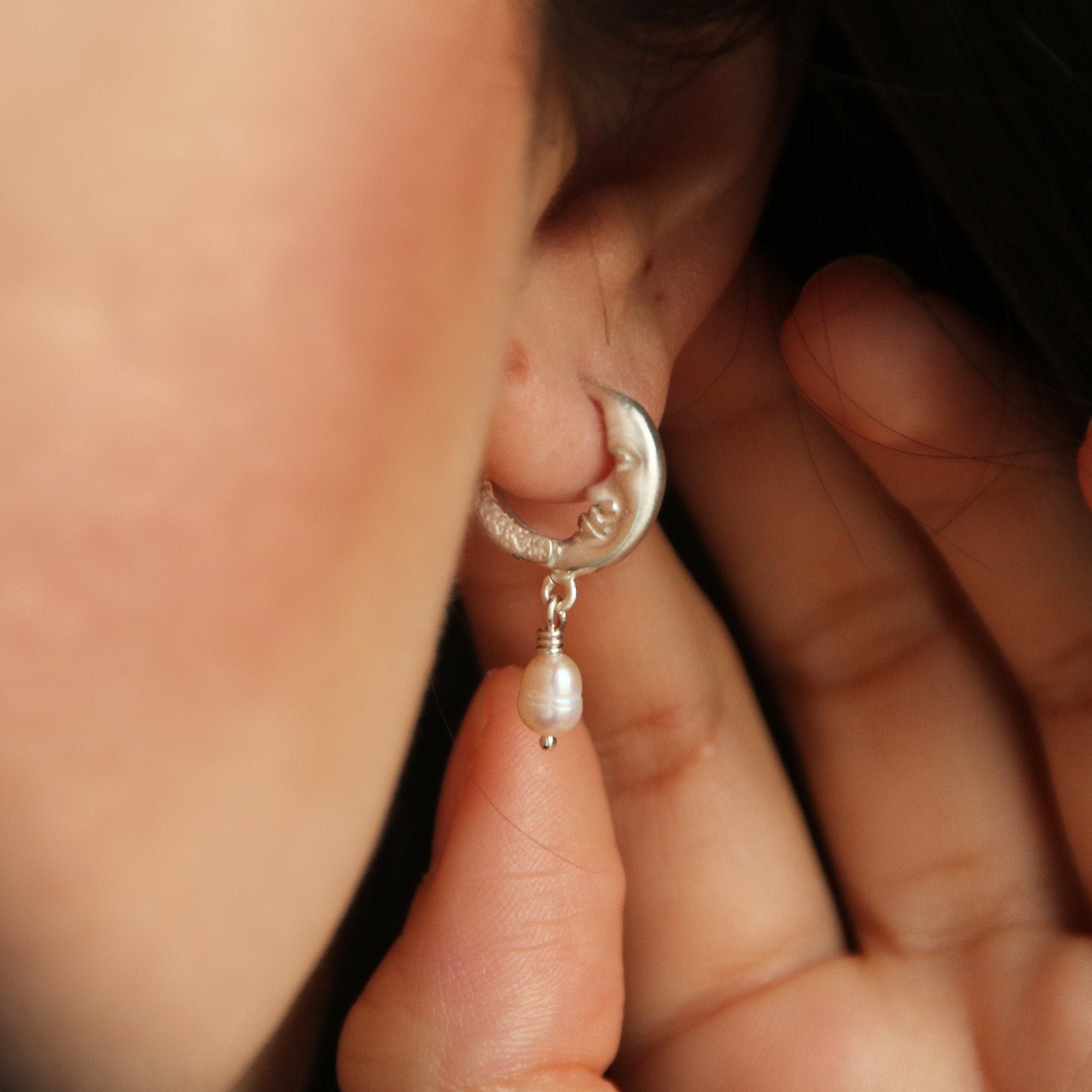 Delicate Moon Earrings, Crescent Moon Earrings, Half Huggies Dainty Pearl Gift For Girlfriend
