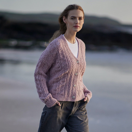 Pink Alpaca Blend Leaf Stitch V Neck Cardigan