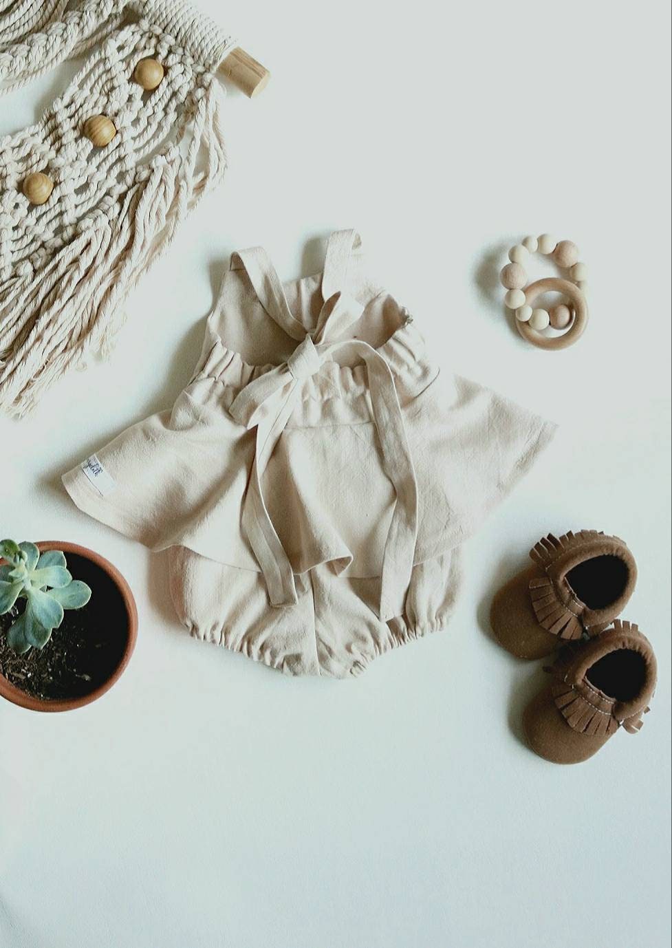 Girls Toddler Baby Boho Linen Blend Light Tan Peplum Tie Back Top & Bloomer Set, Handmade Wooden Buttons, Adjustable Straps, Elastic Waist