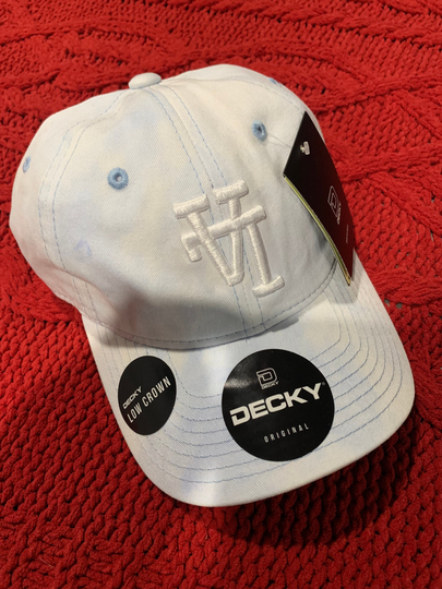 Upside Down "La" | Decky Strap Back Adjustable Blue Tie Dye Hat White Lettering
