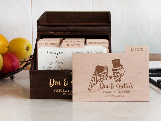 Wooden Recipe Box Halloween Wedding Personalized Card With 9 Dividers Gothic Gift Christmas