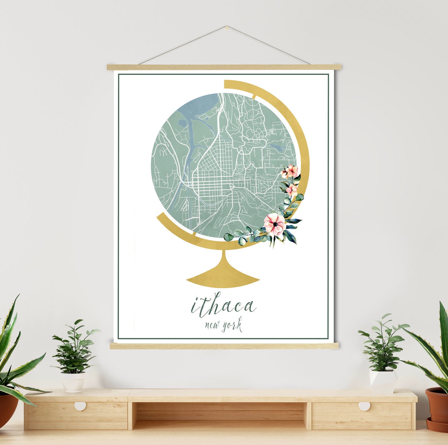 Ithaca New York Globe Street Map | Hanging Canvas Of Printed Marketplace