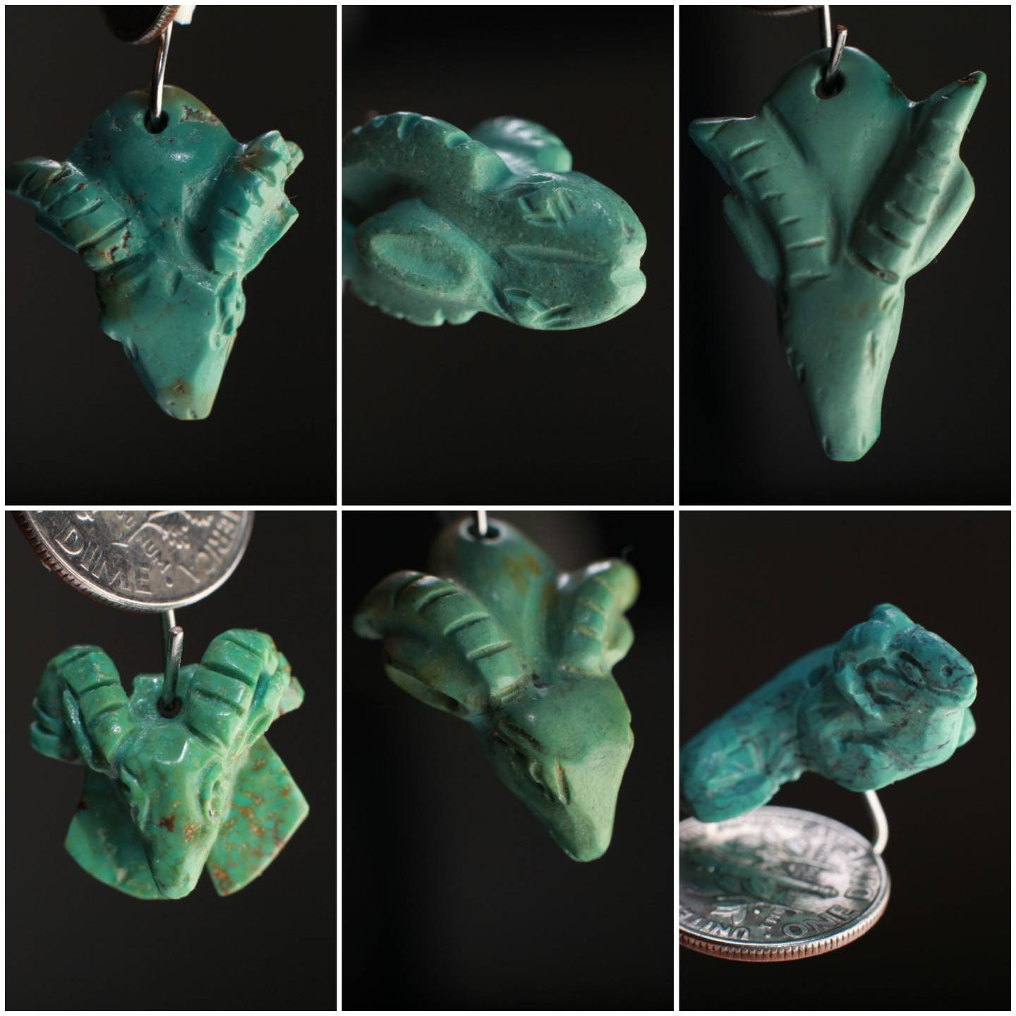 Natural Turquoise Hand Crafted Ram Pendant, Totem | Top Drilled Miniature Animals Collectible Figurines Vintage Sculpture, Old Stock