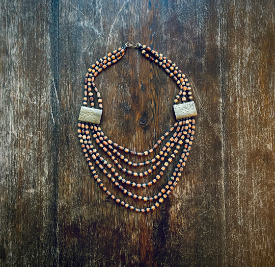 1970S Multistrand Brass & Wood Bead Necklace
