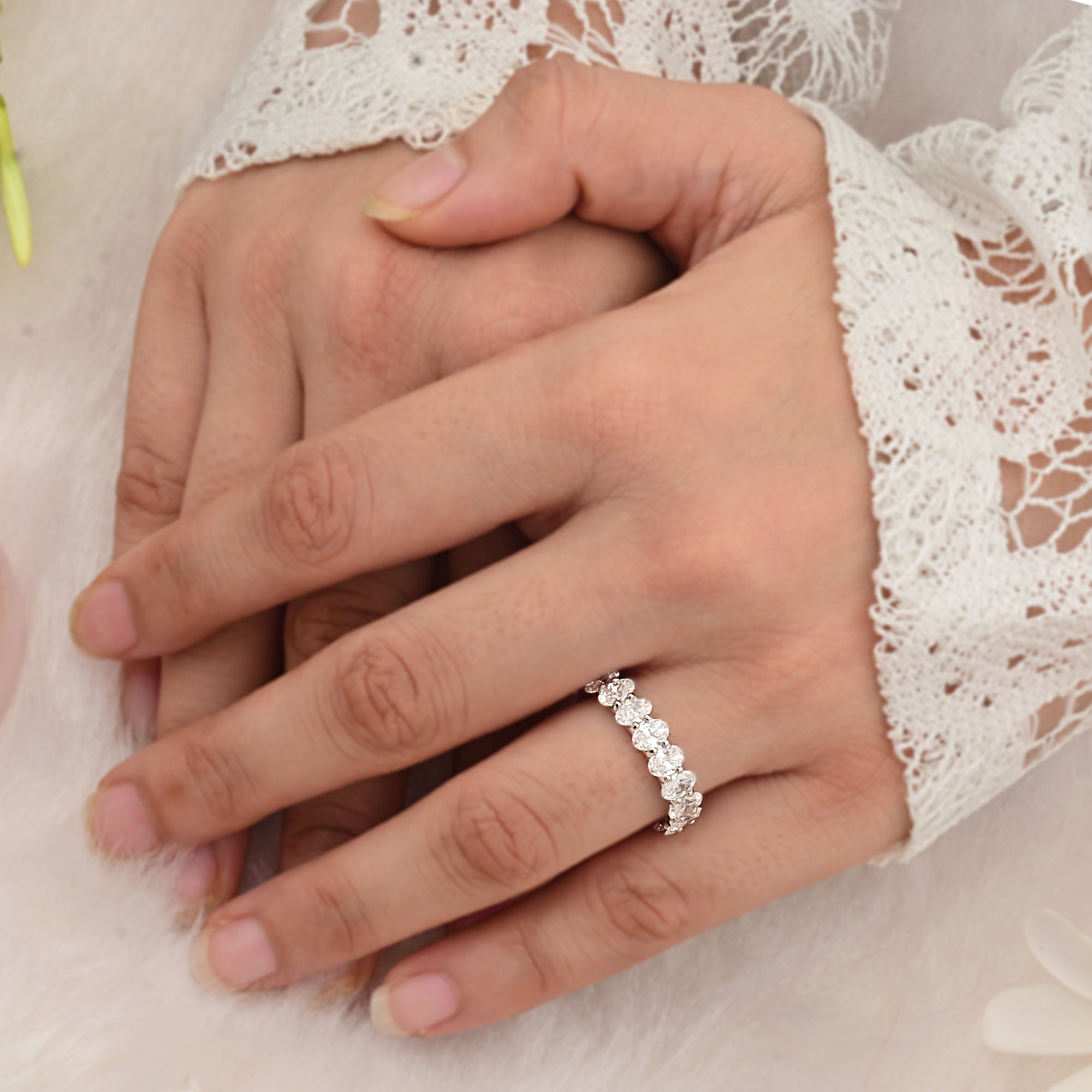 Natural Diamond Full Eternity Ring, 18Kt White Gold Oval Cut Wedding Perfect Bride Gift For Her, Band