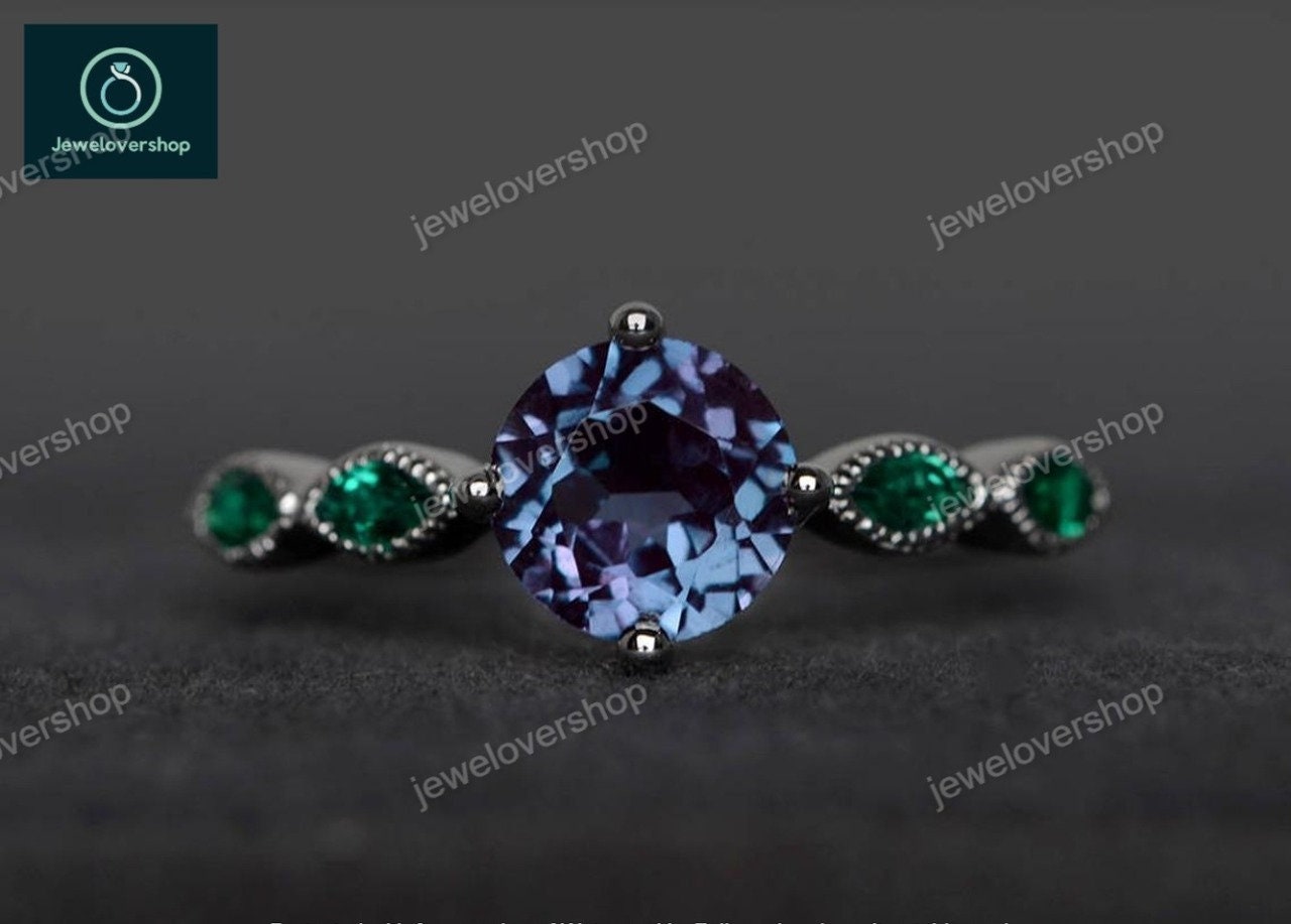 Alexandrite Ring, Dainty June Birthstone Promise Anniversary Wedding Emerald Gemstone Ring